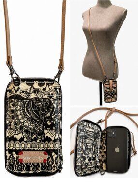 Sakroots Crossbody Wallet Black Cream Print Phone Bag Removable Strap NWOT